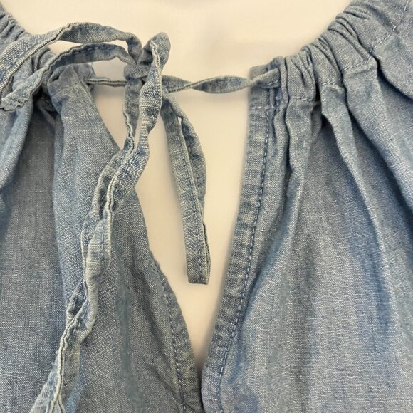J. Crew Womens Chambray Peasant Top M Short Sleeve Tie Neck Blouse Cottagecore - Picture 5 of 9